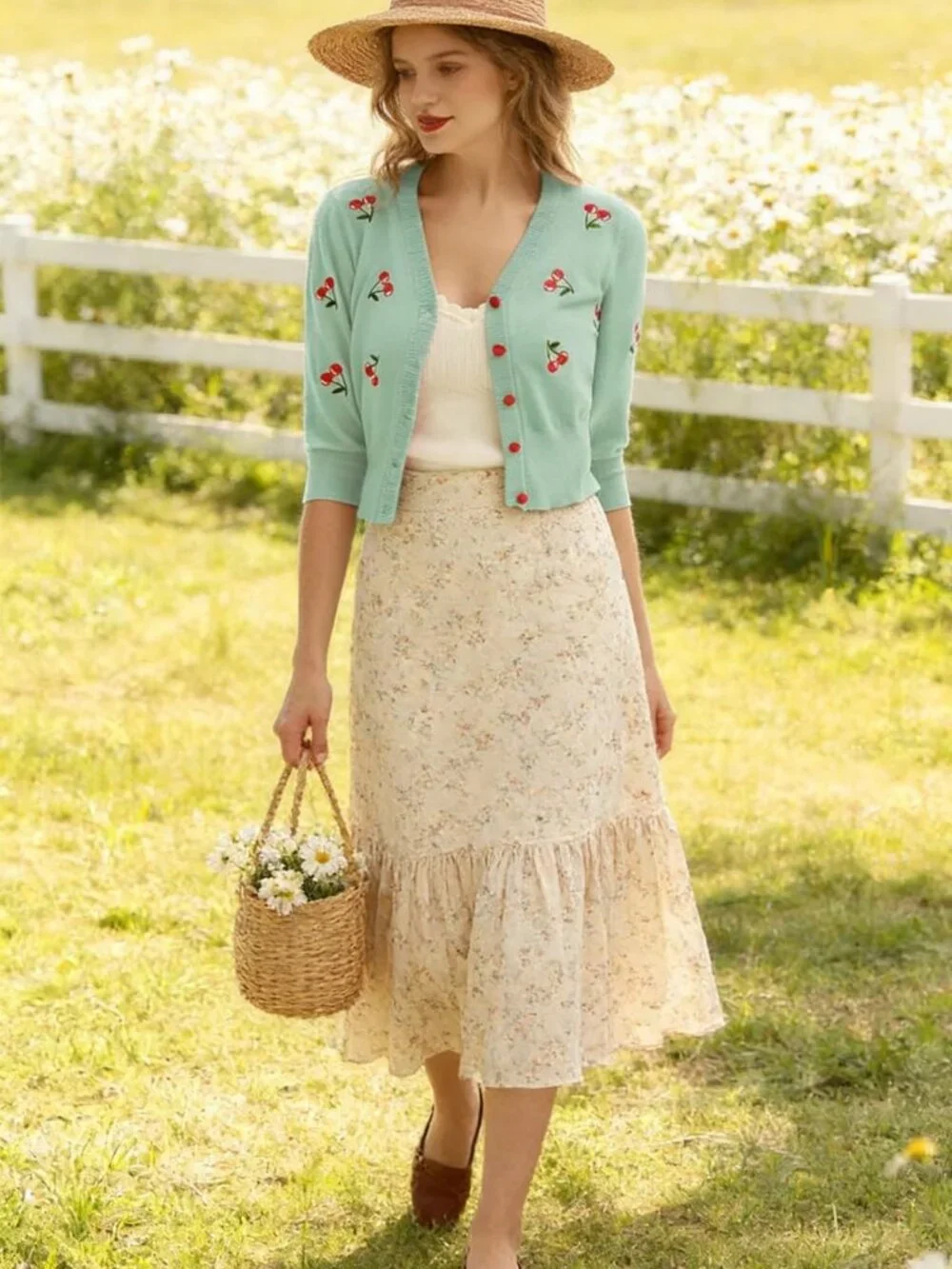 Chic 3/4 Sleeve V-Neck Button Down Cropped Cardigan with Cherry Embroidery